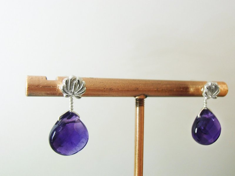 Hungarian embroidery flower earrings silver 925 Amethyst - 耳环/耳夹 - 其他金属 银色