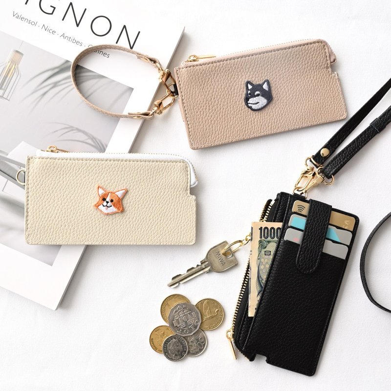 卡夹零钱包 【 simple 布贴 犬 】 刺绣 莫兰迪色系 迷你钱包 轻薄 迷你钱包 小钱包 长夹 A271I - 皮夹/钱包 - 人造皮革 咖啡色