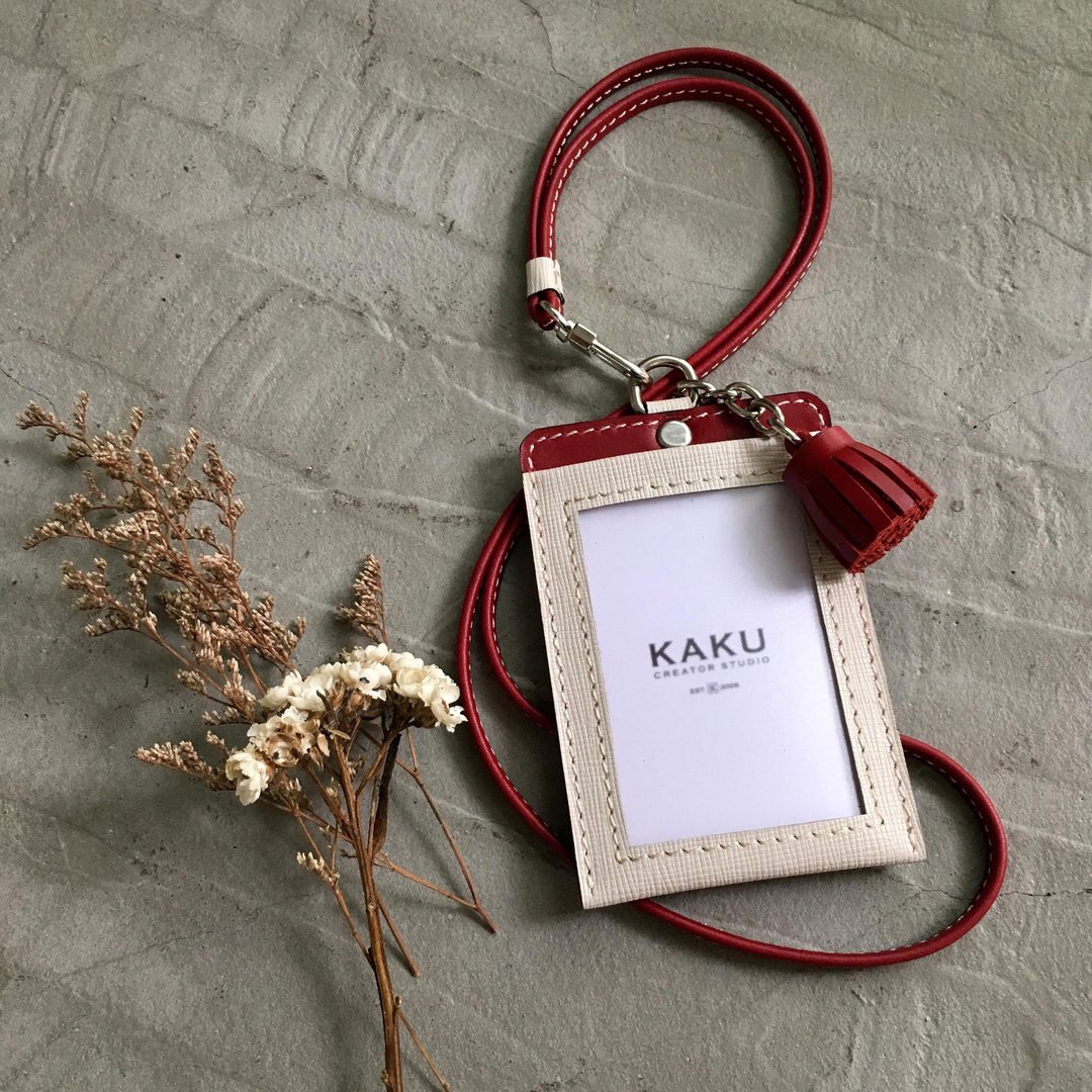 KAKU皮革设计定制化识别证夹  米白十字纹+深红小流苏 - 证件套/卡套 - 真皮 白色