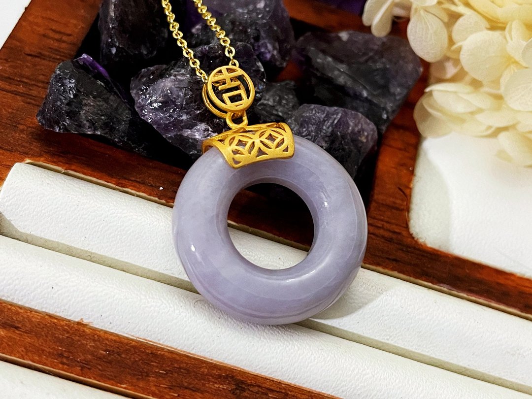925银镀金 天然缅甸紫萝兰翡翠A货 甜甜圈 项链 - 项链 - 玉石 紫色