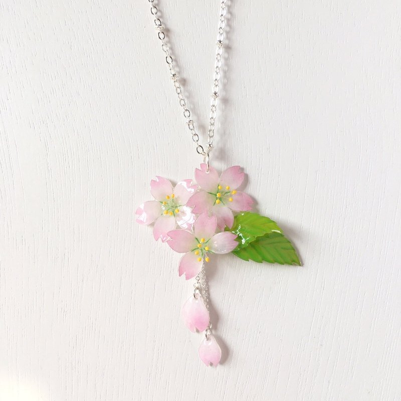 桜花限定系列-花见赏樱漫天粉樱垂坠小花瓣叶子颈链 项链<现品售完即止> - 颈链 - 植物．花 粉红色