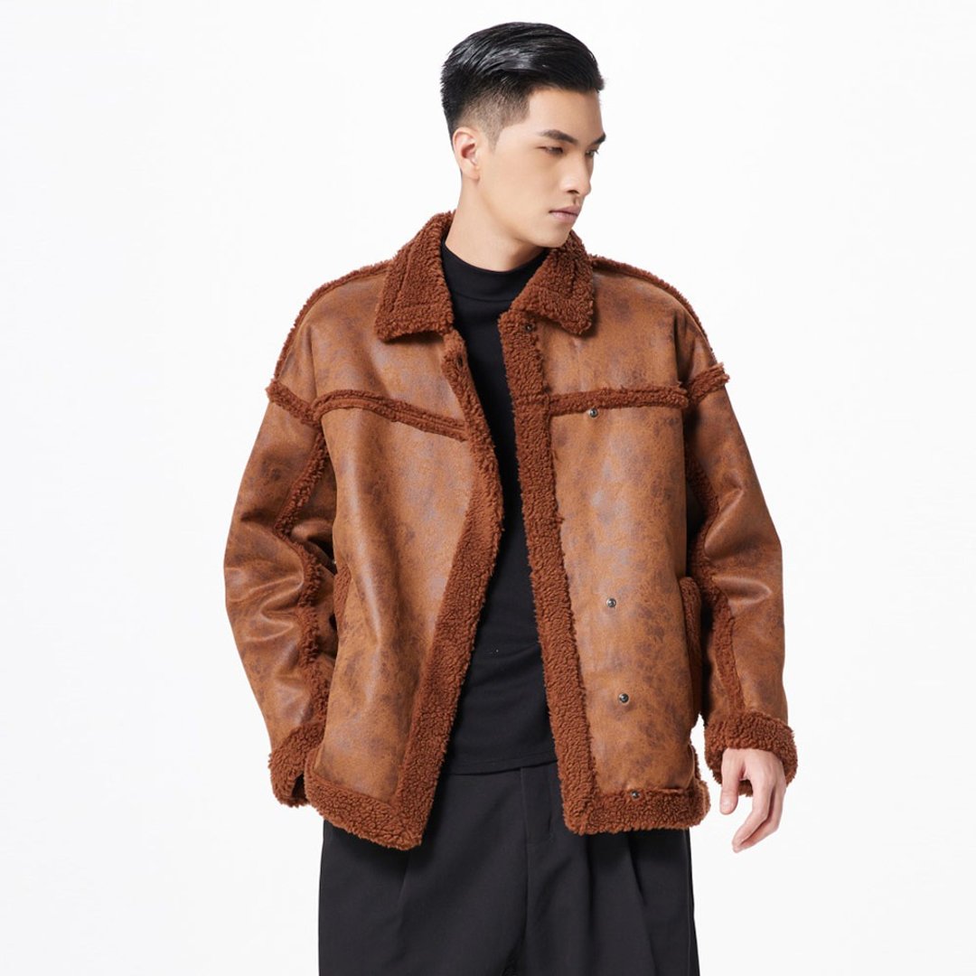 秋冬男士皮毛一体仿羊羔绒棉服外套 - 男装外套 - 其他材质 