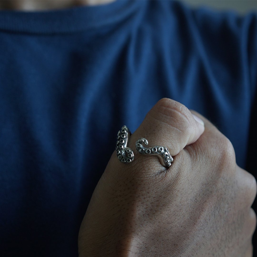 tentacle octopus Thumb ring sterling silver viking boho bike - 戒指 - 纯银 银色