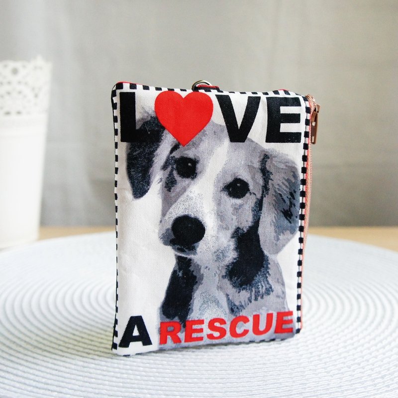 Lovely【欧美布】毛小孩LOVE A RESCUE拉链零钱包、内分2格 - 钥匙链/钥匙包 - 棉．麻 黑色