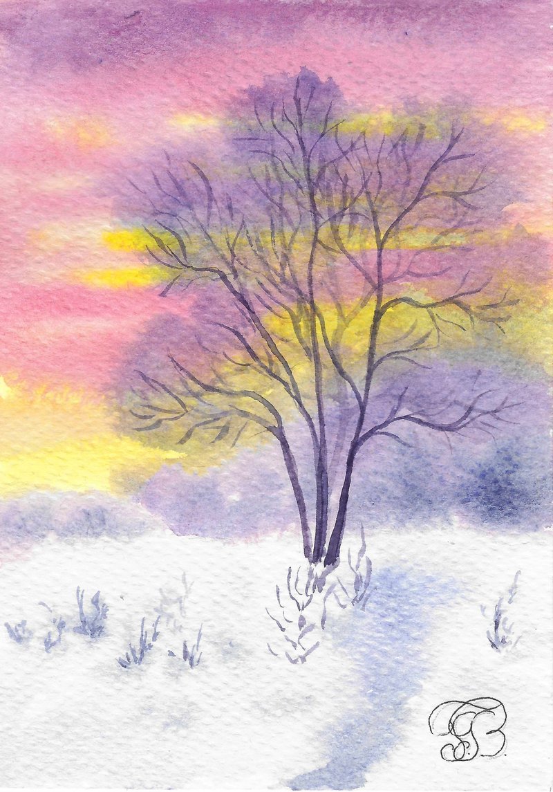 冬日景致水彩微型画 - 墙贴/壁贴 - 纸 紫色