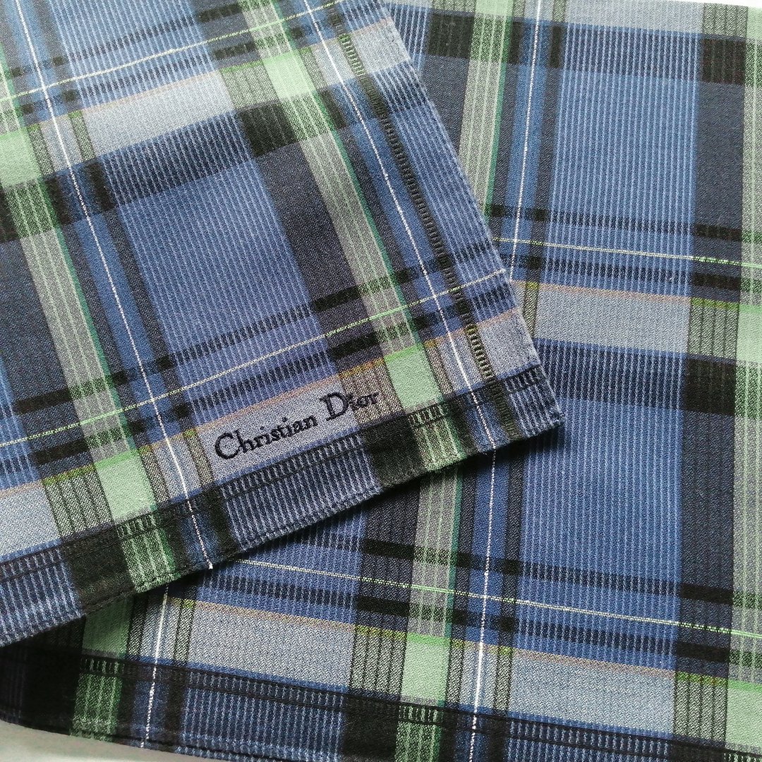复古 Christian Dior 蓝色格纹织纹手帕 19 x 19 英寸 - 手帕/方巾 - 棉 蓝色