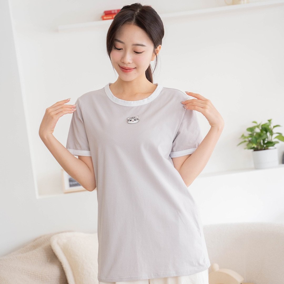 小灰猫 撞色 圆领 短袖上衣【9006301】 - 女装衬衫 - 棉．麻 灰色