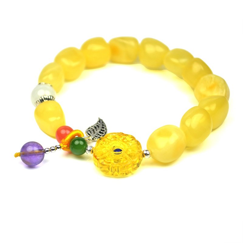 【正佳珠宝】蜜蜡 白花蜜蜡 如意雕刻金蜜蜡 白玉碧玉手珠 - 手链/手环 - 半宝石 