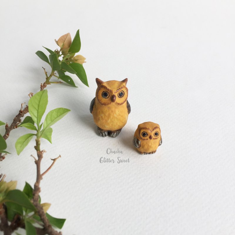 Birthday Gift and Special Day Gift / Twin Owl - Tiny animal figurine - 玩偶/公仔 - 陶 橘色