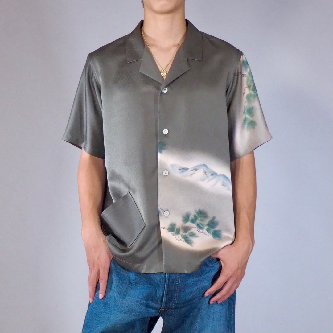 【日本制造】和服翻版男士衬衫 M、营领、吉祥图案、丝绸 - 男装衬衫 - 丝．绢 卡其色