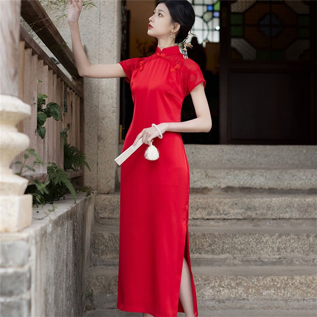 紅燭 正紅色改良旗袍敬酒服 短袖春夏洋裝 新中式婚禮訂婚禮服 - 旗袍 - 聚酯纤维 红色