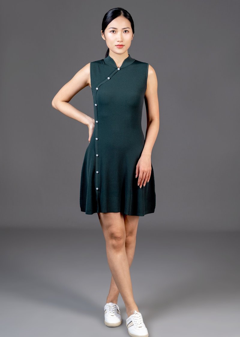 无袖A形迷你旗袍 (深绿色) - 洋装/连衣裙 - 其他材质 绿色
