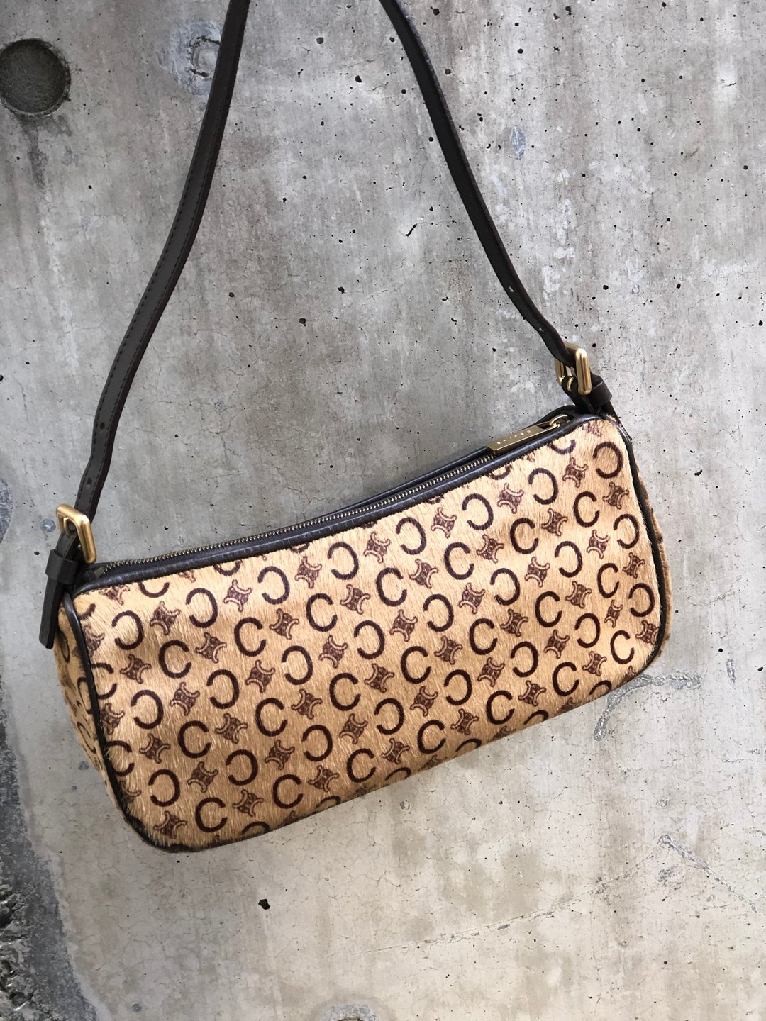 [ VintageShop solo ] CELINE C Macadam Harako Semi-Shoulder Handbag Brown x Beige Old Celine 4xy2gk - 手提包/手提袋 - 真皮 咖啡色