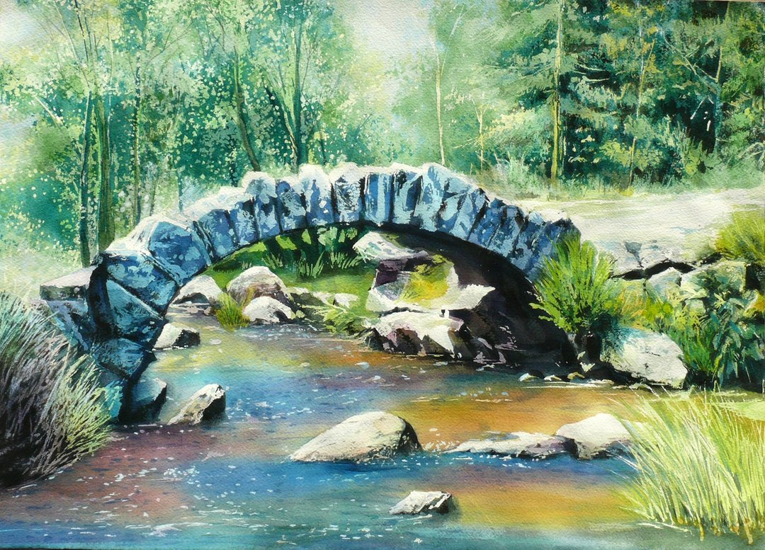 绿沁夏桥-水彩风景画/纯手绘艺术画作/艺术挂画/精致居家装饰 - 海报/装饰画/版画 - 纸 绿色
