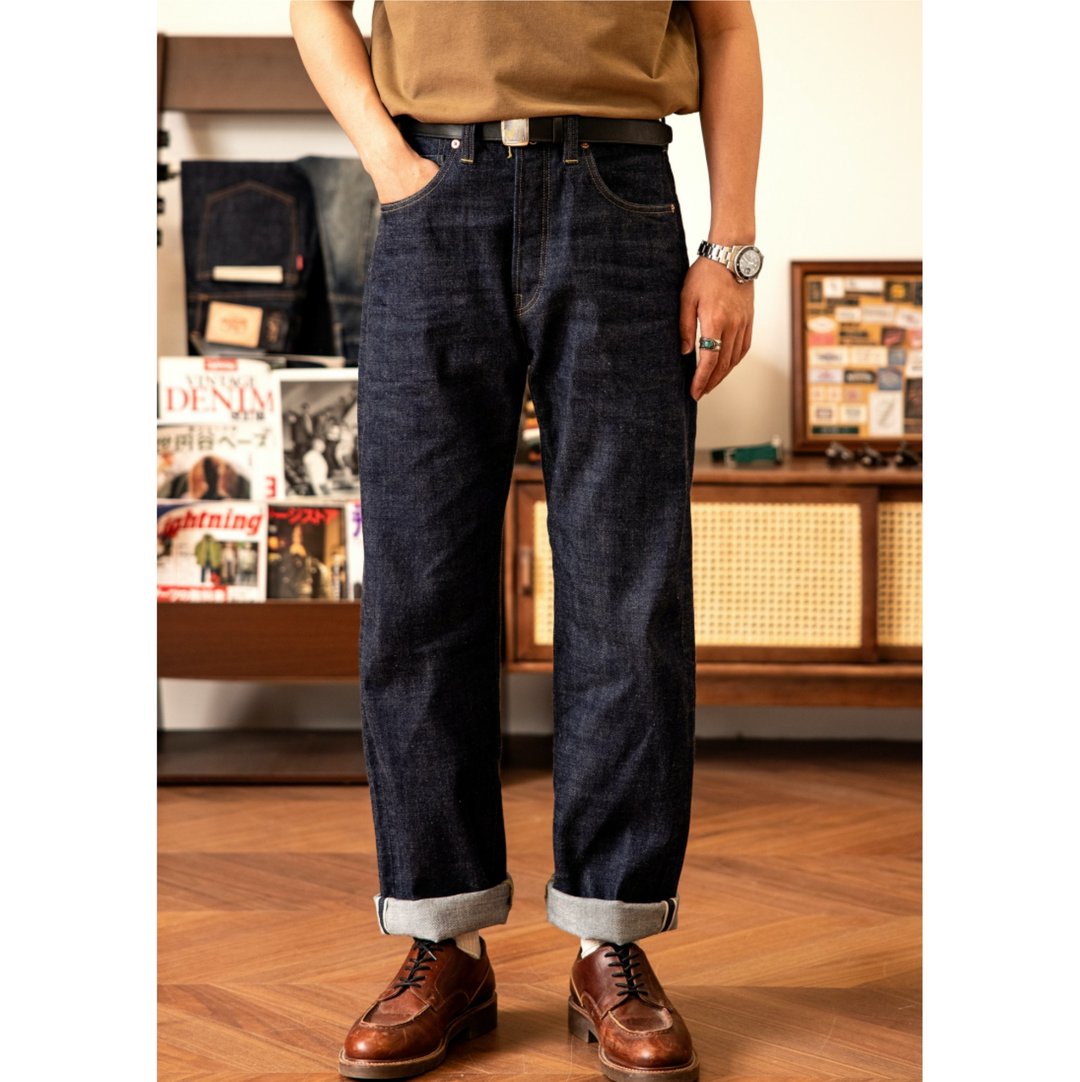 牛仔裤 高腰宽松直筒 14oz 特深蓝 已脱浆处理 大战版本 S1000 - 男士长裤 - 棉 蓝色
