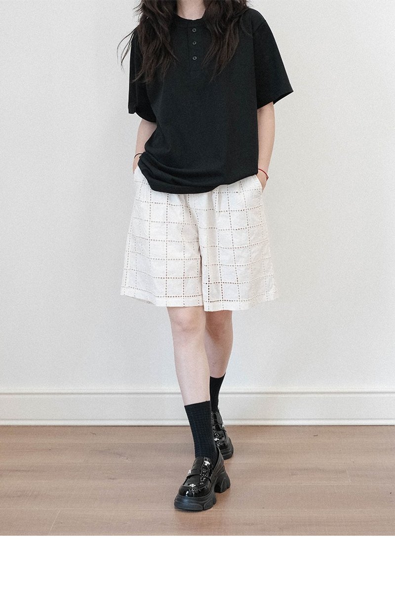 中性休闲格纹简约高腰松紧腰阔腿五分中短裤 - 女装短裤 - 其他材质 