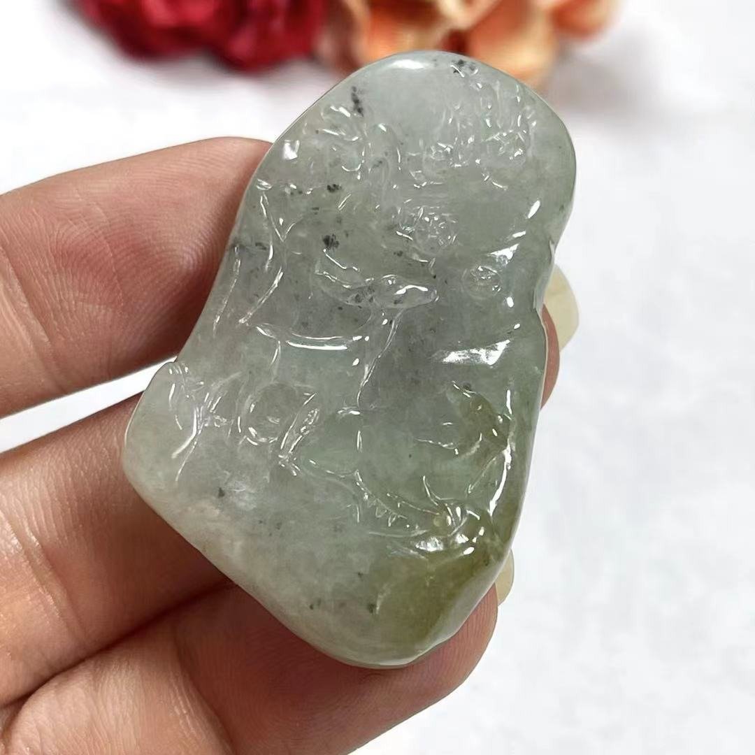 多宝晶石/天然翡翠A货梅花鹿/冰种翡翠/冰鹿牌/福禄双全/梅花鹿牌 - 项链 - 玉石 透明