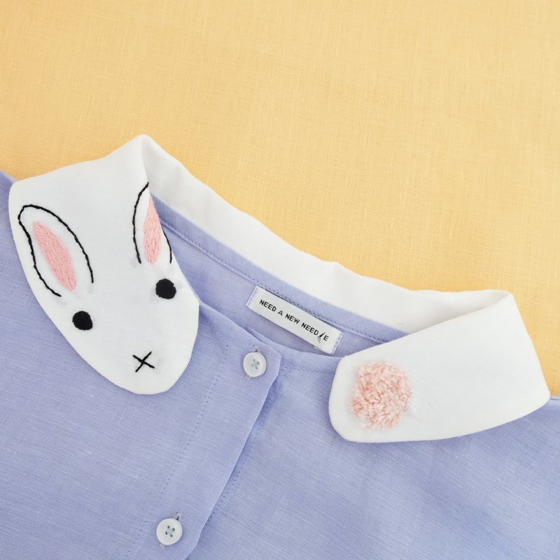 Fluffy Bunny Dress - Hand Embroidered Collar - 洋装/连衣裙 - 绣线 白色