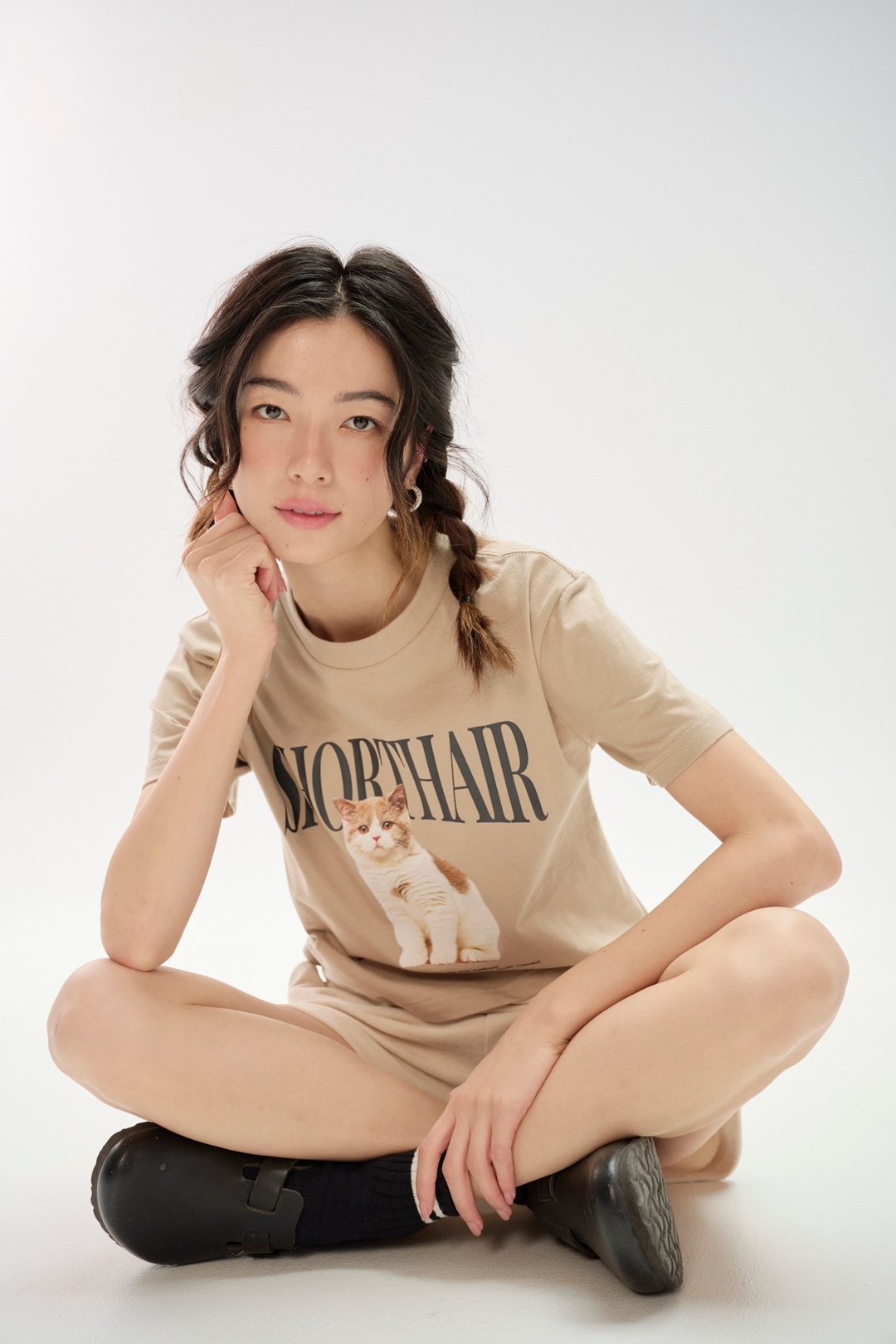 上衣 HAY : Shorthair T-Shirt / Crop - White / Khaki / Sky - 女装 T 恤 - 棉 