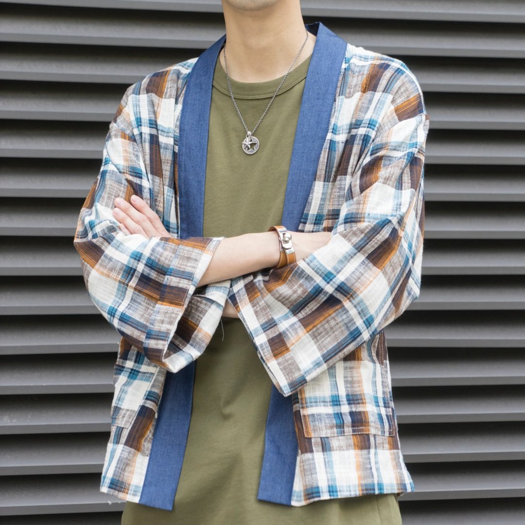 【Off-season sale】日系和风 格仔道袍 Kimono 8分袖宽松設計 - 男装外套 - 棉 多色