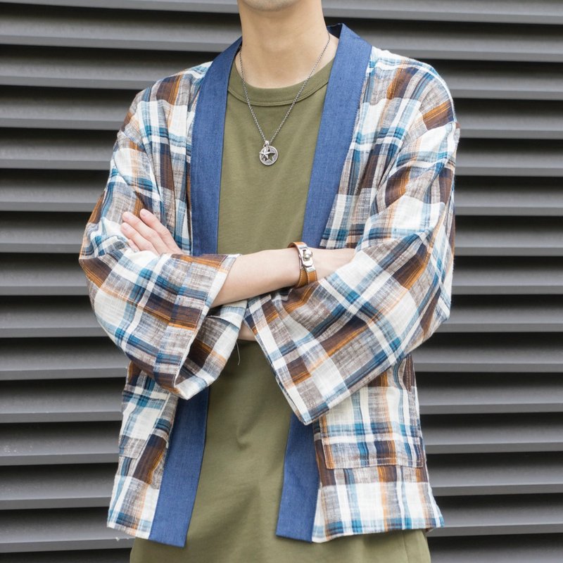 【Off-season sale】日系和风 格仔道袍 Kimono 8分袖宽松設計 - 男装外套 - 棉 多色