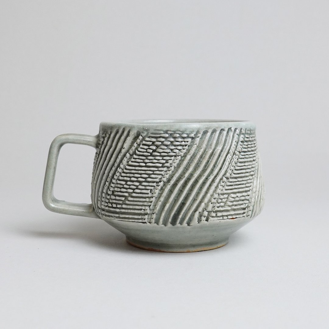 明芽窑 l 柴烧青瓷细纹把杯 咖啡杯 茶杯 水杯 陶艺品 H - 咖啡杯/马克杯 - 陶 灰色