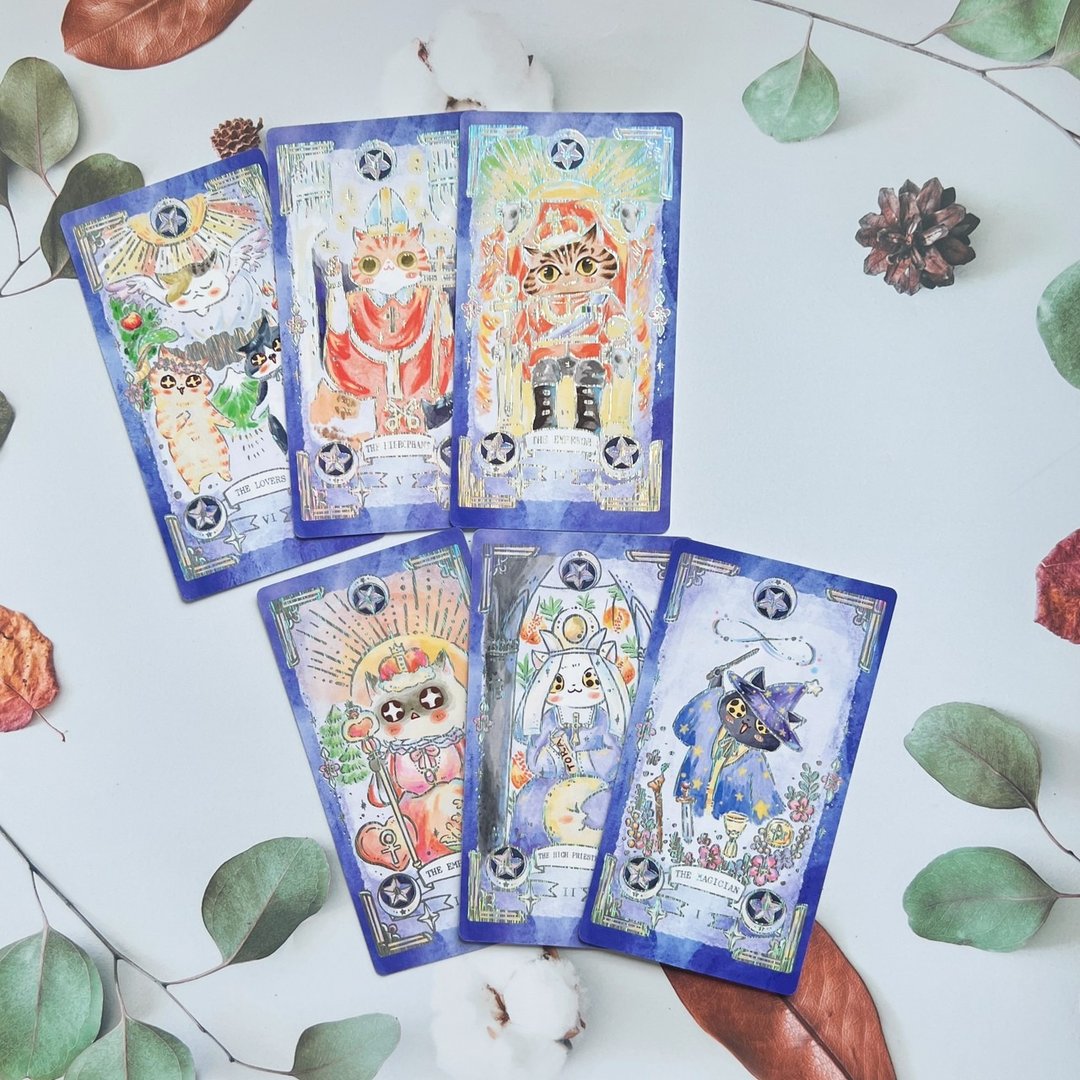 猫咪塔罗牌A组/双面烫松针银(6张) - 卡片/明信片 - 纸 多色