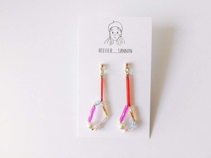 珍珠糖系列-红色棒棒糖 垂坠耳钉 手工耳环  [可改夹/防过敏硅胶耳勾] - 耳环/耳夹 - 纸 红色