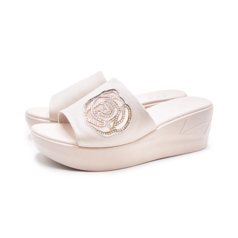 PQ 牛皮小香风花钻厚底轻量增高拖鞋 女鞋-米白色 - 拖鞋 - 真皮 