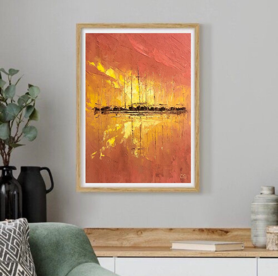 Original Oil Painting On Canvas Orange Landscape Sailboats Painting Impasto Art - 墙贴/壁贴 - 棉 橘色