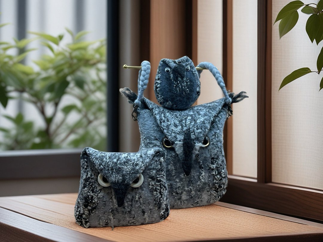猫头鹰造型包三件组侧背包/化妆包(售完)/零钱包(售完) - 侧背包/斜挎包 - 羊毛 灰色