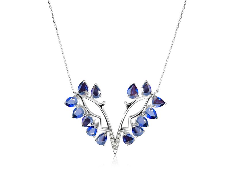 蝴蝶蓝宝石14k白金钻石项链 9月诞生石锦簇水滴吊坠 翅膀梨形坠子 - 项链 - 贵金属 蓝色