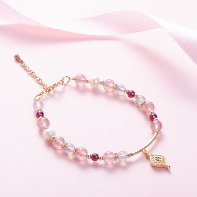 石榴石草莓晶手链 | 珍珠拉长石 | 天然水晶混搭设计手链手环 - 手链/手环 - 水晶 粉红色