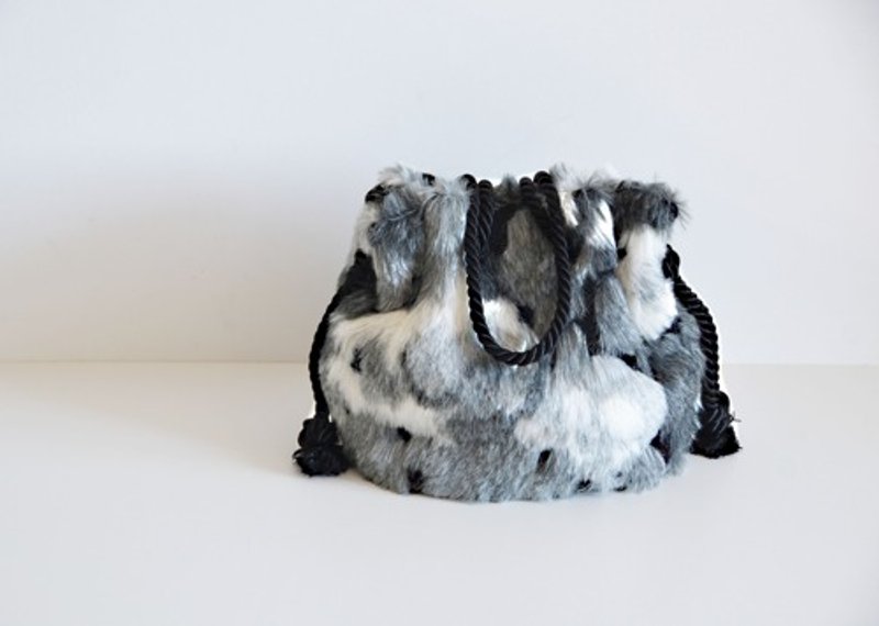 限量 意大利制提花 豹纹 人造毛束口袋包 银灰色 - 手提包/手提袋 - 棉．麻 银色