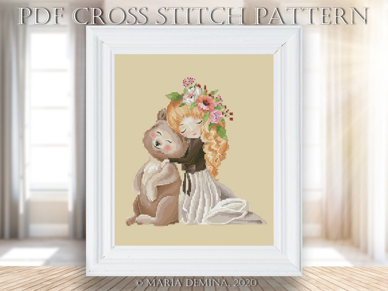 The Girl And Baby Bear PDF cross stitch pattern 动物 女孩 十字绣 - 手工艺教程/工具书 - 其他材质 