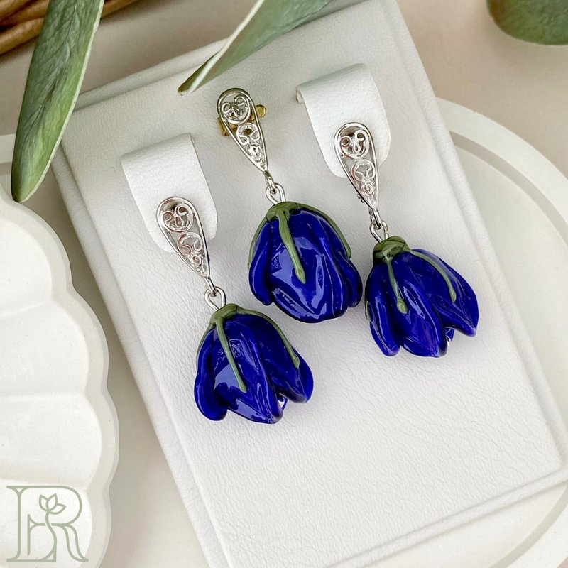 Navy Blue Jewelry Set with 925 Silver Pendant Gift For Her - 耳环/耳夹 - 纯银 蓝色