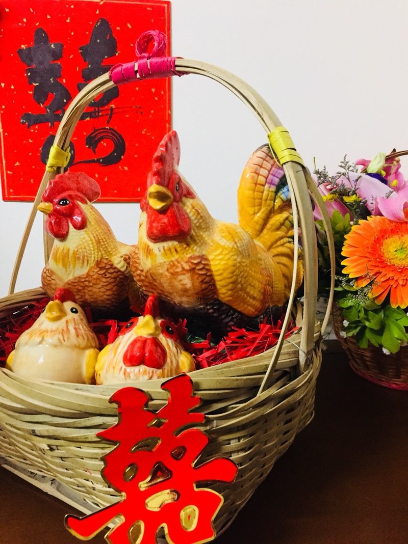结婚必备 带路鸡 / 开运起家 / 纯手工陶瓷带路鸡组合篮 - 摆饰 - 瓷 红色