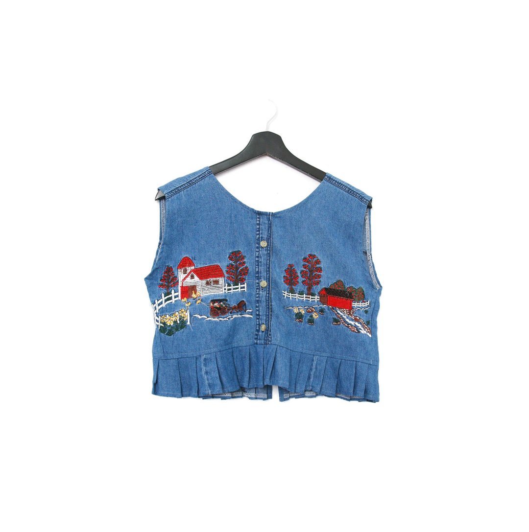 Back to Green-丹宁刺绣背心 美好农舍 红屋dv-24//vintage vest - 女装背心 - 棉 