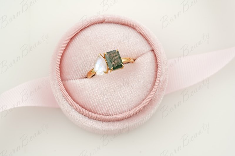 Toi et moi ring Double Stone Engagement Moonstone Moss agate - 戒指 - 宝石 绿色