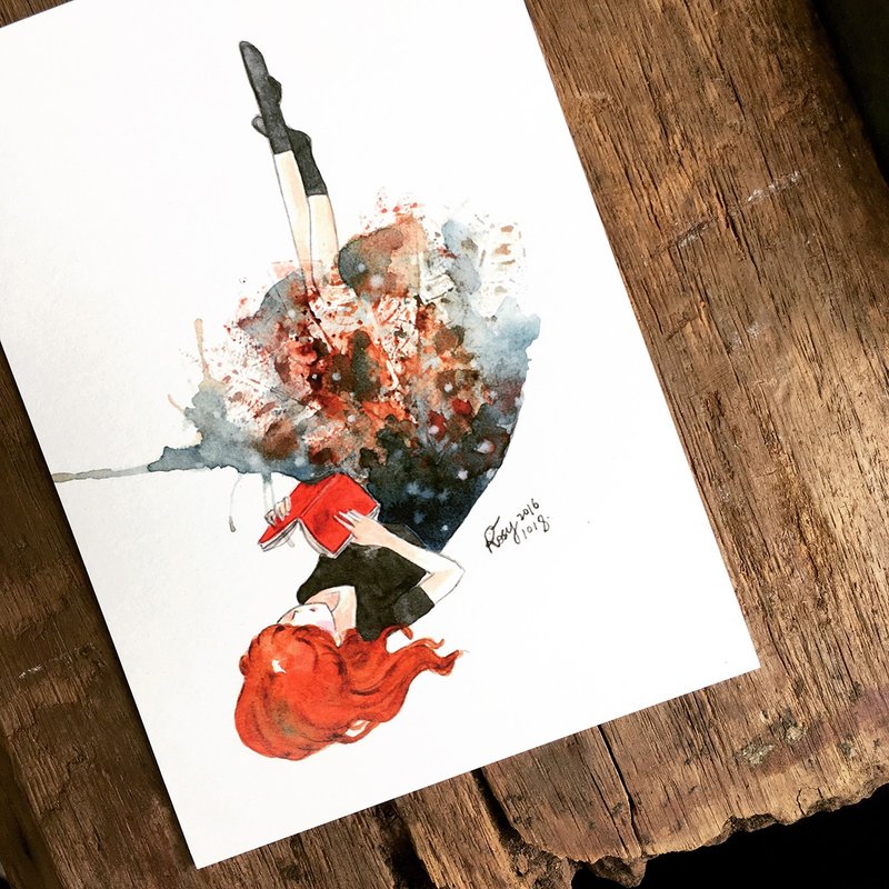 渲染系列/读书女孩明信片 - 卡片/明信片 - 纸 咖啡色