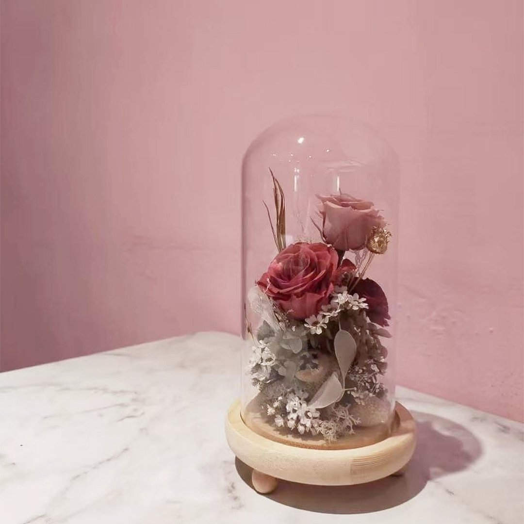 永生花玻璃盅  不凋花 永生花 礼物 花艺 玻璃罩 装饰 玫瑰花 - 干燥花/捧花 - 植物．花 粉红色