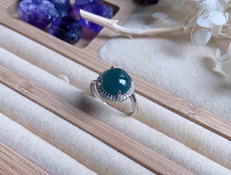 925银 天然蓝水 A货危地马拉 翡翠 大蛋面戒指 - 戒指 - 玉石 绿色