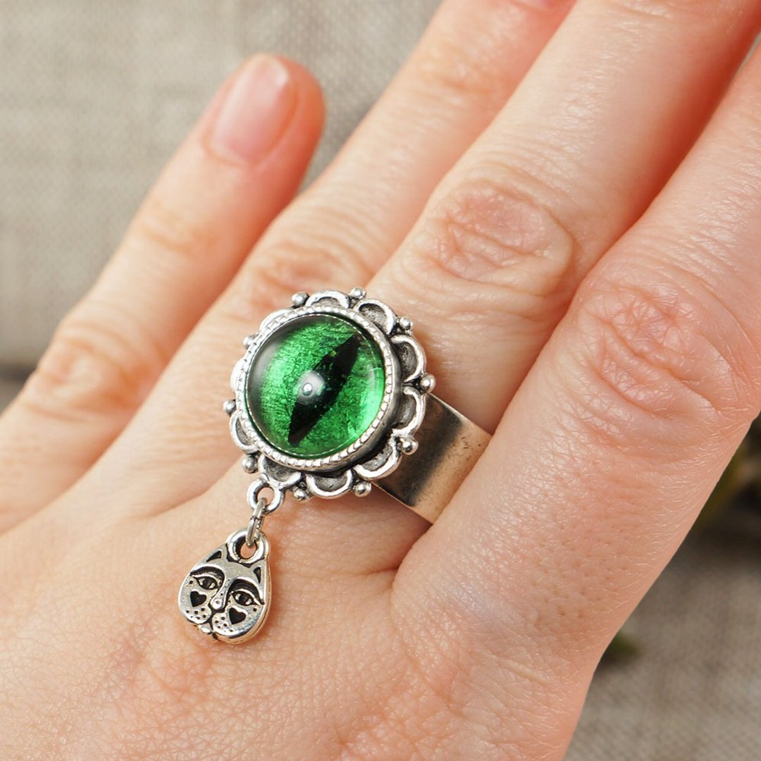 Green Glass Cat Eye Ring Silver Cat Evil Eye Protection Adjustable Ring Jewelry - 戒指 - 玻璃 绿色