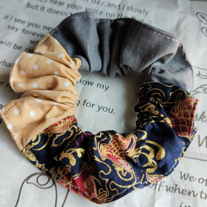 复古和风拼色荷叶发圈 黑金灰茶色系 - 发饰 - 棉．麻 黑色