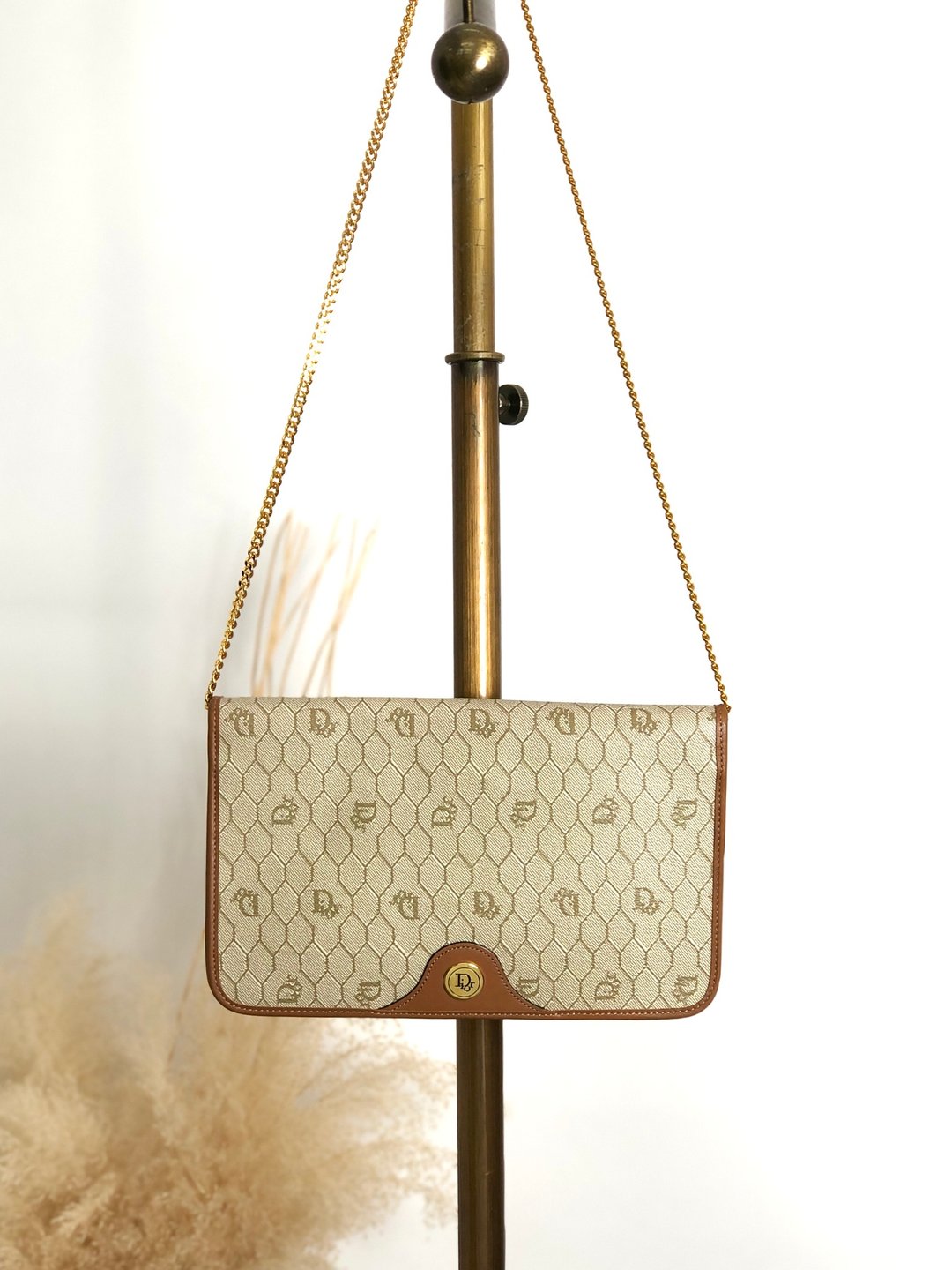 【日本直送 名牌中古包】Christian Dior 蜂巢图案 肩背包 米色 Dior 品牌 Logo PVC 链带侧背包 gfhe2x - 侧背包/斜挎包 - 防水材质 咖啡色
