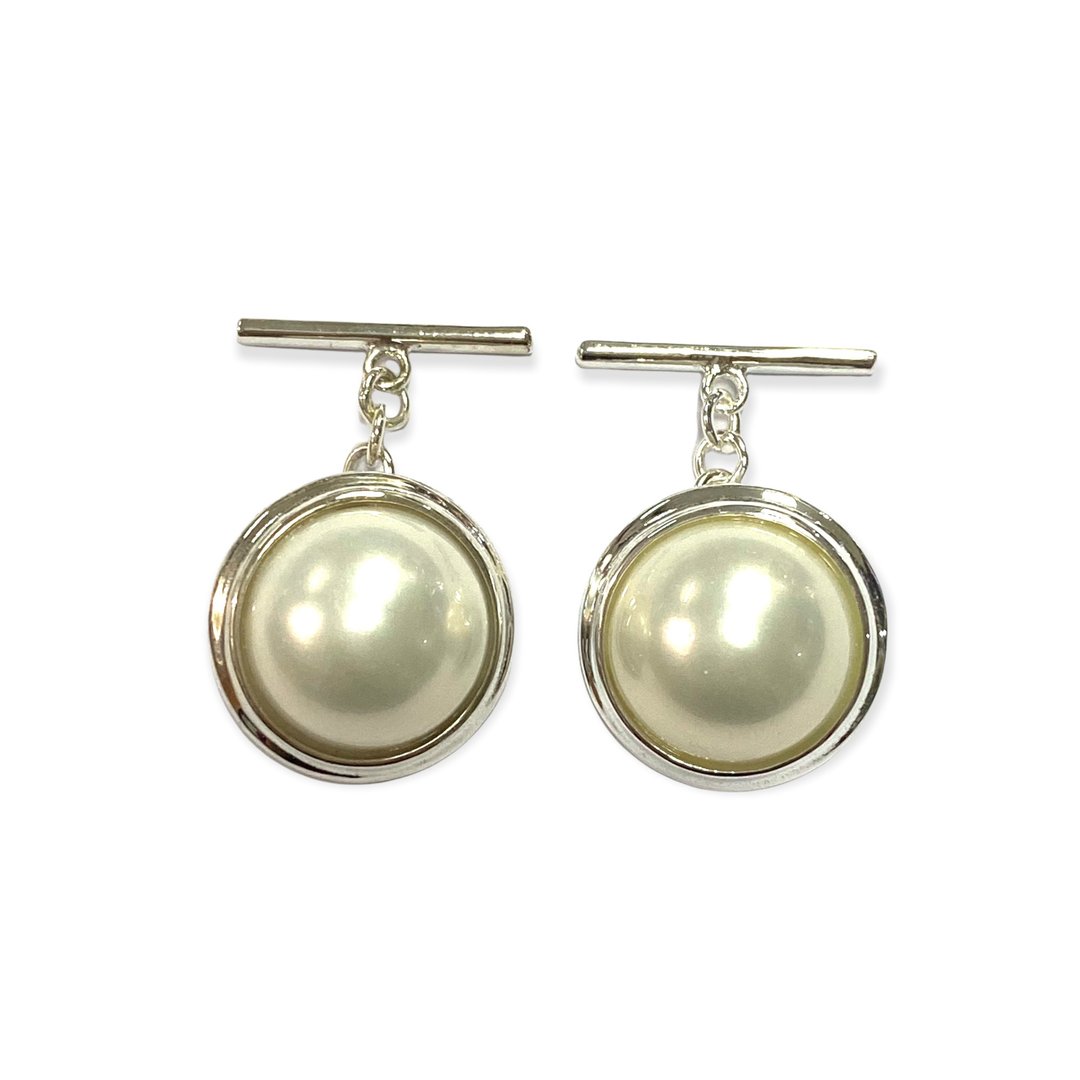 Round Pearl Wedding Cufflinks For Groom 925 Sterling Silver - 袖扣 - 纯银 白色