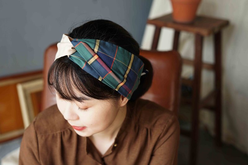 日式配布两用双头交叉打结发带-复古格纹-蓝绿 - 发饰 - 聚酯纤维 绿色