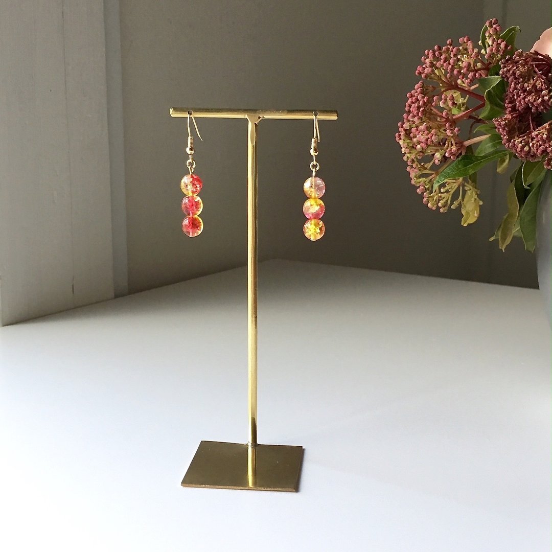 Triple Earrings of Glitter Czech Beads Orange - 耳环/耳夹 - 玻璃 橘色