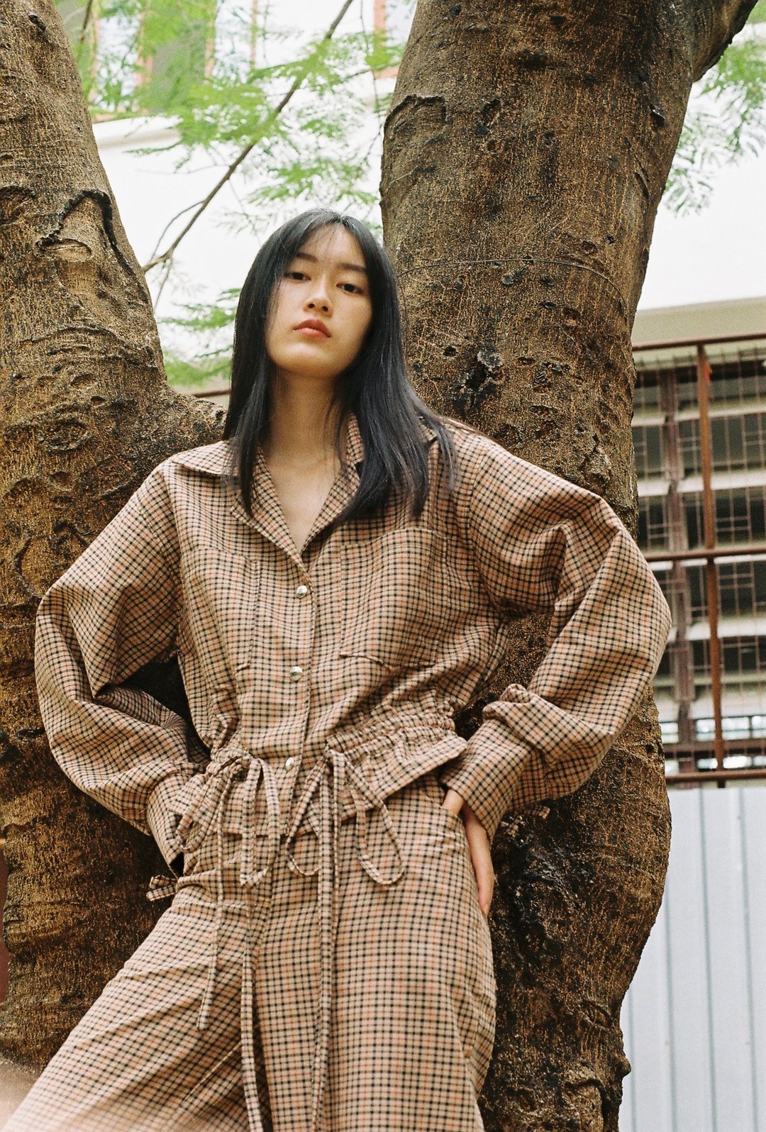 Tartan Smocking Shirt - 女装衬衫 - 棉 咖啡色