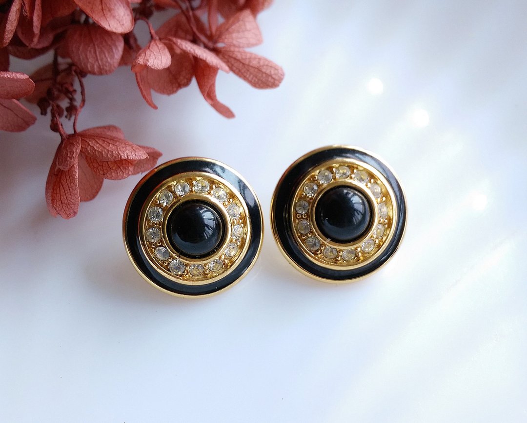 Vintage Jewelry 西洋古董饰品 MONET 精致 知性黑 针式耳环 - 耳环/耳夹 - 其他金属 金色